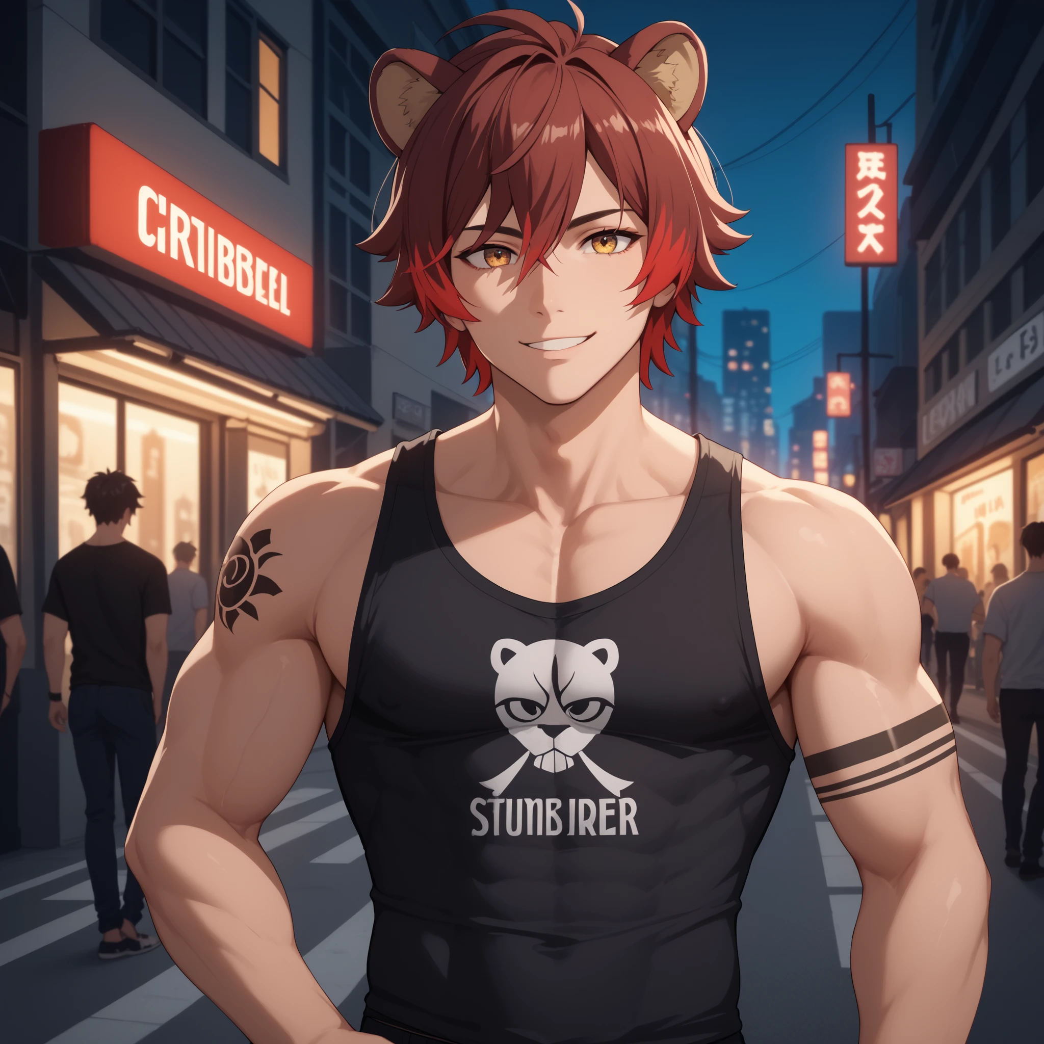 hombre apuesto demi-human tanuki, 24 years old, ( Male male) Dark Red Hair, ojos rojos, light smile , rounded lion ears, athletic physique . trival tattoo on his right arm, wear casual clothes. walk down a city street , warm lighting highlights her skin and hair. anime style, high quality art, ultra detailed, 4k, soft shadows and vibrant lighting effects, round lion ears.