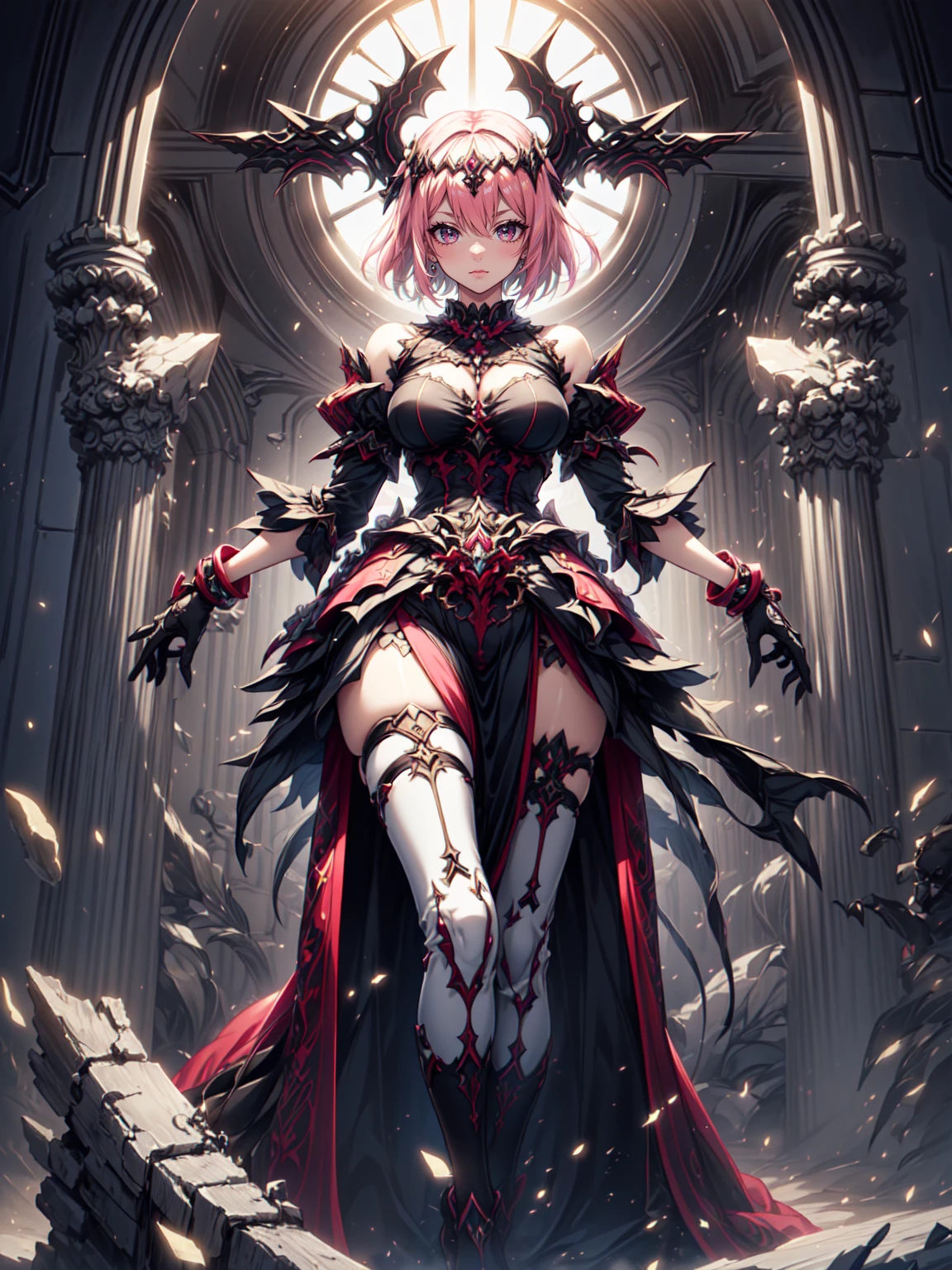 ((Highest quality)), ((masterpiece)), (detailed), (very short hair), ((nsfw)), standing, yandere, evil grin, blush, (blood), (pussy)

Create an image of a ruthless female character named Calamity Ignis, belonging to the Versatile Order. She has a striking and menacing appearance with an aura of danger. Her hair is long and vibrant, resembling fireworks, with a mix of bright colors like red, orange, and yellow. Her eyes are sharp and predatory, glowing with a sinister light. She has a lithe and athletic build, with an air of agility and strength. Her cheeks are slightly flushed, and she has a wicked smile on her face, showing her delight in the chaos she causes.

Background: Set in a mystical, swirling vortex of energy with floating red threads and glowing symbols, creating an otherworldly atmosphere.

Pose and Expression: She stands confidently, holding a deadly weapon like a spiked chain or dual blades, ready for combat. Her expression is a mix of cruelty and delight, with flushed cheeks and a wicked smile that shows she enjoys the chaos and destruction she causes. Her eyes should reflect a sense of malicious joy, and her posture should convey readiness for action.

Outfit: Inspired by the provided image, she wears a detailed bodice with intricate gold embroidery and vibrant red and orange accents. The outfit includes a short skirt with high slits, revealing long, flowing ribbons and decorative elements. She has a fox mask as an accessory and other ornate decorations like flowers. Her outfit should have a mix of traditional and modern elements, combining intricate patterns with sharp armor pieces.

Additional Details: Her weapons should be detailed and menacing, reflecting her brutal nature. The spiked chain or dual blades should have intricate designs and a realistic, lethal appearance. The background should enhance her dangerous aura, with dramatic lighting and shadows that highlight her menacing presence. Her overall appearance should be dynamic and unsettling, capturing her ruthless and