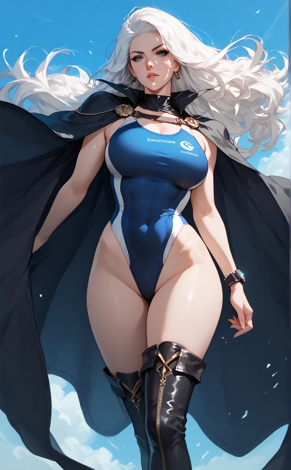 ((Clair)), pokemon, ((BLACK BACKGROUND 1:2, masterpiece)) 1solo female full body MILF BIMBO standing straight symmetrical with two long thighs and two metal sandals, red eyes like rubies, eye focus looking to the viewer, silver white hair, short bob style hair, big knockers breastplate, breastplate, cleavage, tiara royal, long cape up to two feet, yellow bikini (yellow tiger stripes), lustful smirking smiling, smile face (red blushed, red cheeks), pauldrons metal shoulders, gold sleeveless bracelets, separate sleeves, hands on waist hands OR hips, golden bracers, metal handcuffs, leather corset, red loincloth, black leather choker slave collar, shackles bracelets, slave red crest under navel, navel, big belt around waist OR hips, feet together, metal ankle, two long thighs and two metal sandals