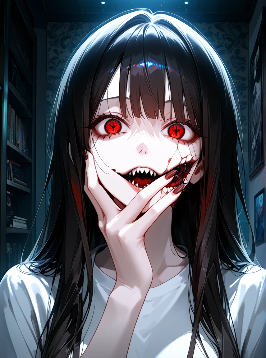 score_9, source_anime, anime_coloring, anime_screencap, zombie, undead, pale skin, 1girl, solo, long hair, glowing red eyes, sleeveless white dress, bare shoulders, collarbone, (upper body, dirty clothes, looking back:1.1), open mouth, bloody mouth, small breasts, skindentation, outstretched hands, five fingers, perfect hands, perfect anatomy, masterpiece, amazing quality, best quality, detailed, stiched skin, body scars, (very young child:1.3), (tiny, petite:1.3), at night, (indoors, Abandoned House, moonlight:1.2)