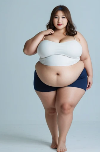 Wearing a pink top and black pants、Woman standing with hands on hips, She has a plump, round belly, fat girl, Her belly is fat and round, obesity, A plump person with extra limbs, an obesity, obesity ), Overweight, Fat belly, Abdominal fat folds, morbidly obesity, an Overweight