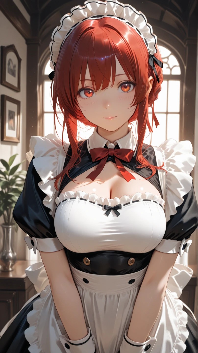 (masterpiece:1.2, highest quality), (realistic, photorealistic:1.4), beautiful illustrations, (natural side lighting, movie lighting), looking at the viewer, Upper body, (Front view), 1 girl, perfect face, Cute symmetrical face, shiny skin, baby face, long eyelash, (large breasts), (wide hips),beautiful hair, beautiful face, detailed and beautiful eyes, beautiful body, beautiful breasts, beautiful thighs, beautiful feet, beautiful fingers,(beautiful scenery),(cute smile:1.4, upper eye),(elf),(long pointy-eared:1.4),earrings,femalepunk, Apron, Black Dress, Blurry, Blurry background, Blurred foreground, blush, braid, depth of fields, Dress, eyebrows visible through hair, frilld, gloves, hair between eye, Indoors, Jewelry, juliet sleeves, Long sleeves, Looking at Viewer, maid, maid apronl, Maid headdress, Puffy sleeves, Short hair, White Apron, window,hposing Gravure Idole,tall,cafes,(Punk Rock style:1.6),(cleavage;0.5),(green eyes:1.5)