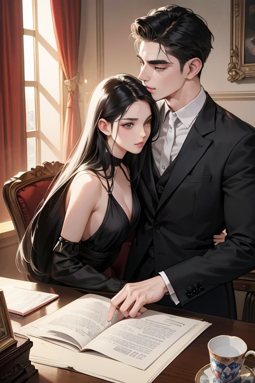 (masutepiece, Digital Art, Digital Illustration, 4K, 8K, Ultra-detailed, beautiful image, Sharp Image, Photorealistic, Raw photo, Perfect face, Perfect lines, Perfect eyes, Soft lighting) 1 woman, (Long Black Hair,straight haired,Bullish gaze,Beautie,Woman in suit,Solid makeup,23 y-o woman,small tits:1.3),Secretary, Two handsome men in suits, (ember,Men in suits,well-muscled,Firm shoulder width,Adult male,Boyish hairstyle,English gentlemanly style,Man in his 30s with a cool expression,28-year-old man with bright smile:1.2),Office scene at night,Antique furnishings,Antique Clamps,Antique chair,chandeliers,Parti、a couple、couple kissing、kiss、the kiss、Romance、loves it、kiss、a couple、couple kissing、Romance、Romance、ssex、have sex、Wet pubic area、insert 、Rape、Overflowing、A slight smil、Florist full of light,wretched、Black Knee High Socks、独奏,Full body painting,(One Girl And One Man,Having sex:1.5),(ember,Adult male,Rubbing the girl's boobs:1.2),Cheek dyeing、gasping face、embarrassed、boredom、begging、Unhappy、Greedy expression,Wet pubic area、 xen、