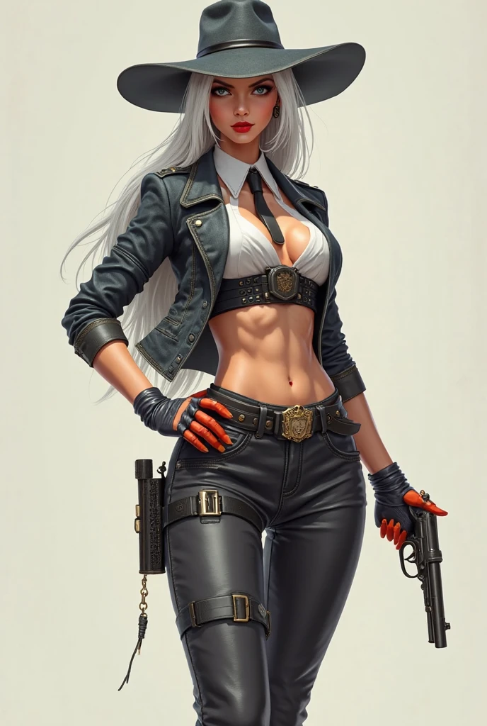 judgement(helltaker), cropped jacket, mature female, black horns, smile, 1girl, navel, white hair, cowboy shot, abs, armband, ponytail, red background, medium breasts, colored skin, black jacket, claws, looking at viewer, demon girl, (dark skin:1.7), black tail, thighhighs, demon horns, long hair, white eyes, gauntlets, tail, solo, belt, pentagram, jacket, demon tail, collarbone, grin, horns, chain<lora:judgement:1>