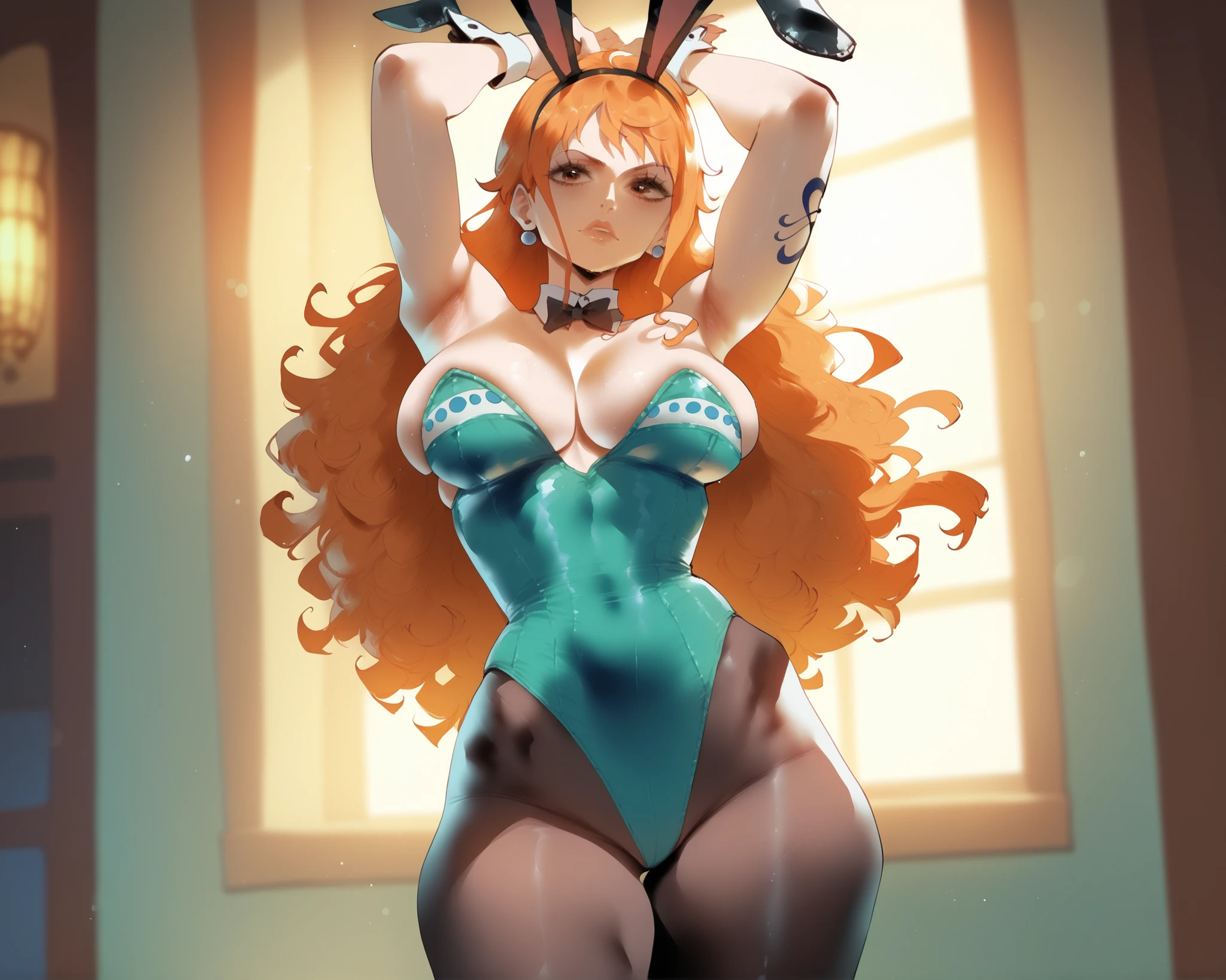 (1female, solo, sonia, red hair, side ponytail, heart hair ornament, large breasts), (translucent bunnysuit, showing stomach, wearing bunny ears, one hand behind head, (((((2 black bunny ears))))), swinging hip to one side, fishnets stockings, choker, wrist cuffs), nightclub in background, spotlights, on ceiling, dance floor, crowds of people in background, UndergroundClub, people in background, (masterpiece, best quality:1.2, extremely detailed:1.2)