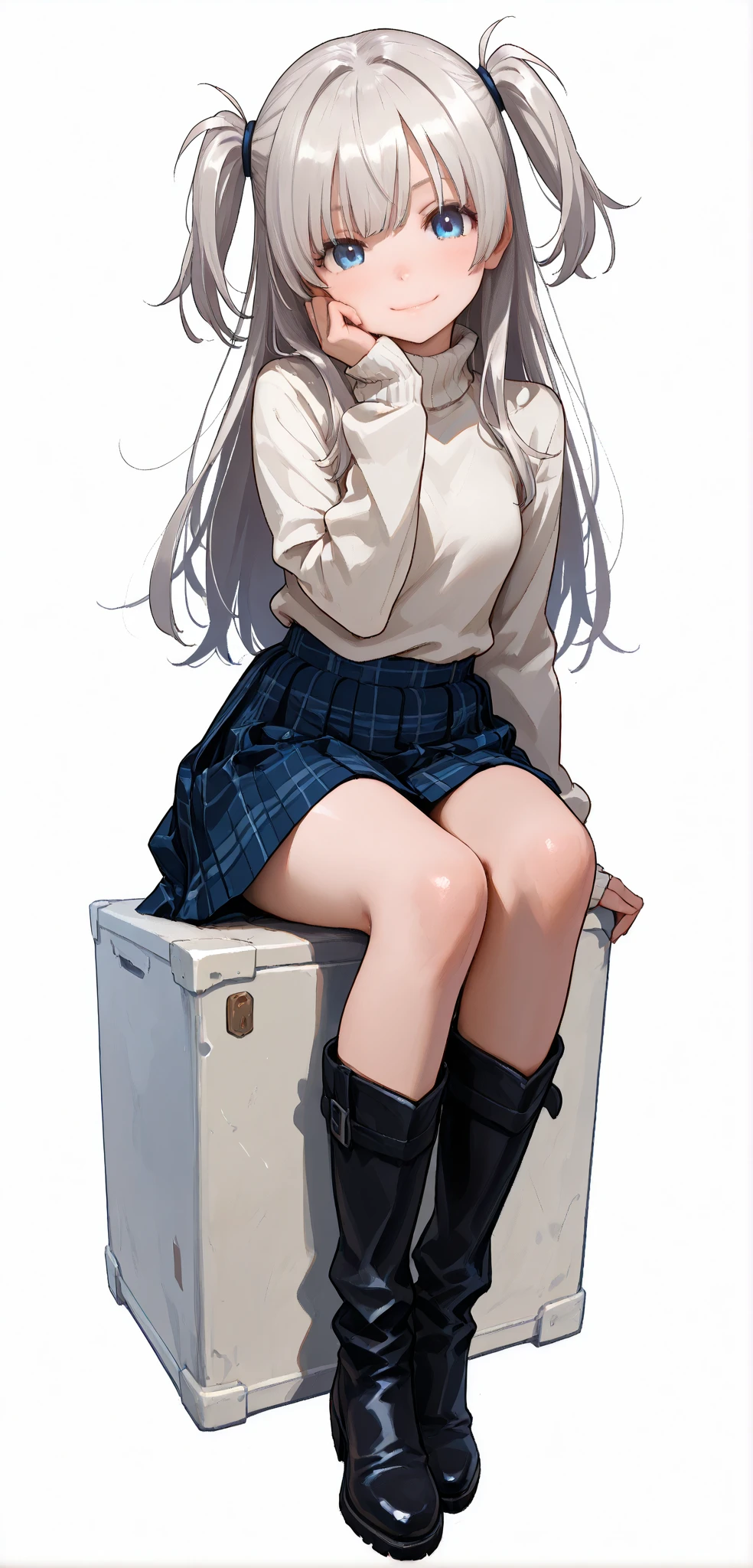 ((masterpiece)), (best quality), girl is sitting by an antique trunk, (Stacked trunk cases), holding a large pair of white boots, 1girl, solo, looking at viewer, messy long hair, white socks, black hair, sitting, blush
