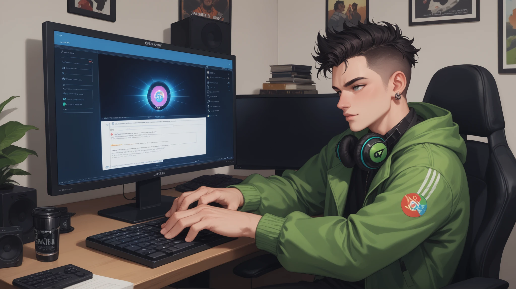 male character with short curly black hair and on the shaved sides, He is at his desk ready to program, on his work desk there are curved gamer monitors, gamer mouse and keyboard, His clothing consists of a dark jade green jacket and three small earrings in his ear, on the monitor you can tell that he has Visual Studio open with some Javascript code