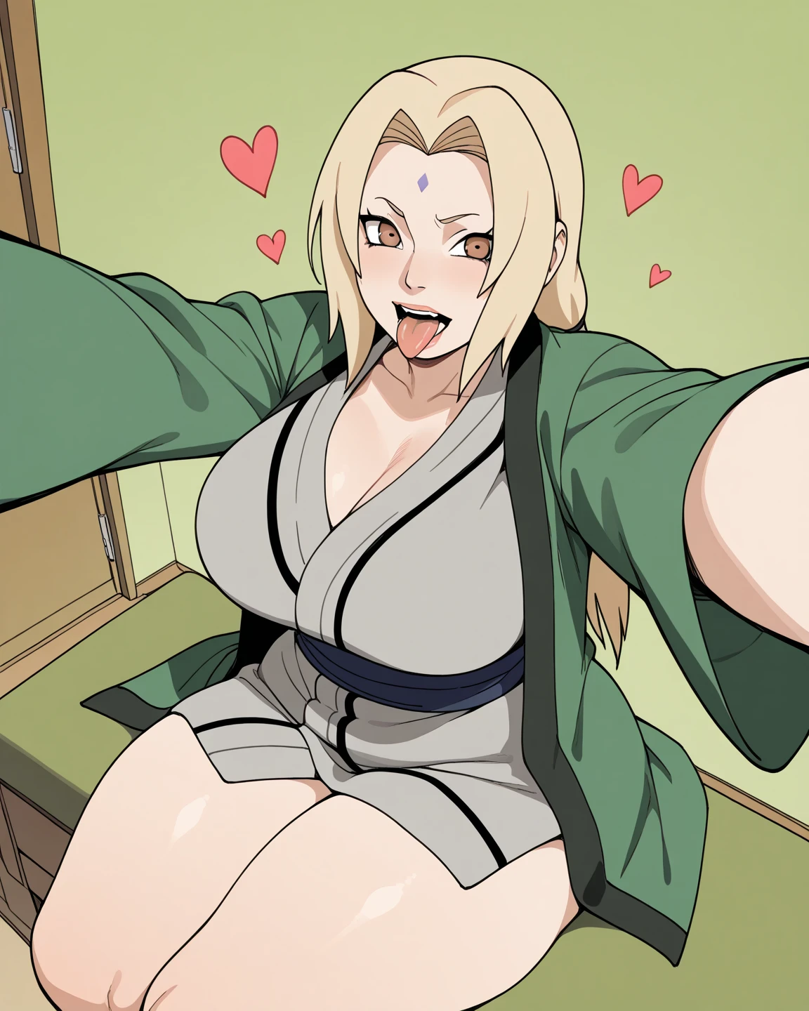 (masterpiece:1.2), (best quality:1.2), 1girl, 1boy, nude boy, pubic hair, penis, mature female, big breast, brown pupils, looking at viewer, smile, long hair, blonde hair,brown eyes,dunkelblaue raute auf der stirn, breasts out, black thong, black stockings, titjob, close up, cum on face, kneeling on the floor, in the office,naked,sex,NSFW,Tsunade senju,penis between boobs