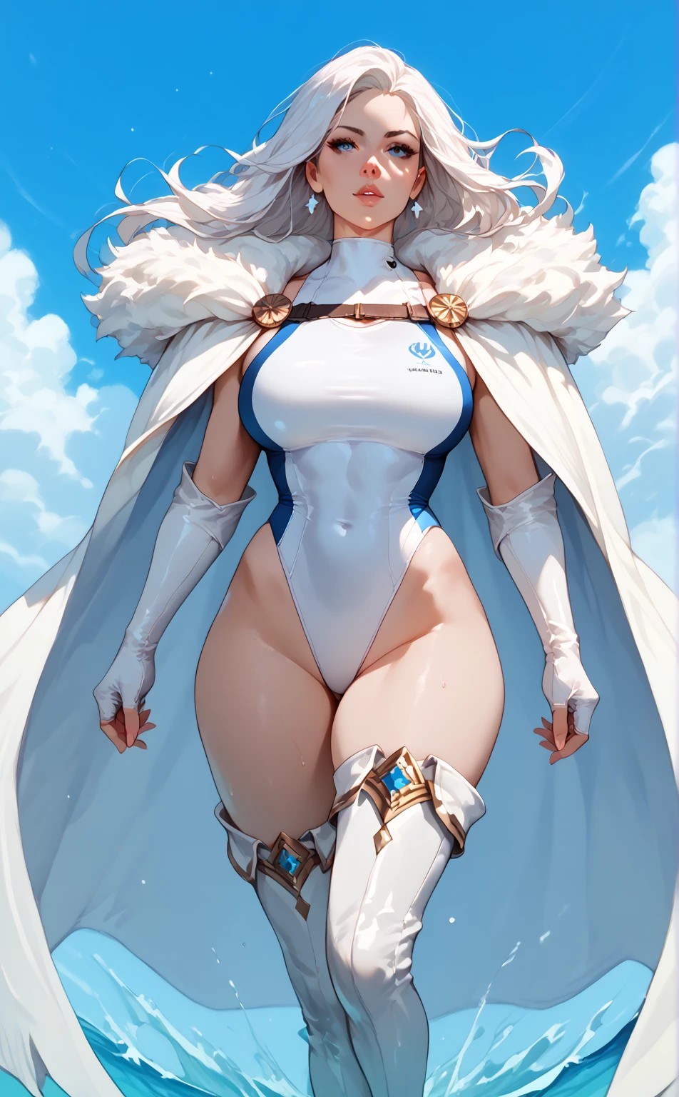((highest quality)), ((masterpiece)), ((hyperrealistic)), (detailed background), anime style, solo, 1girl, ((langrisser)), ((curvy: 1.2)), kawaii, ((Lamé rash guard leotard)), ((knight dress)), white long hair, ahoge, forehead, parted bangs, (long coat), ((Huge breasts)), ((breastplate)), (zettai ryouiki black knee socks), ((gauntlet)), (big butt), (thighs), (groin), beautiful eyes, perfect face, Perfect hands, perfect fingers, Blue sky and grassland,