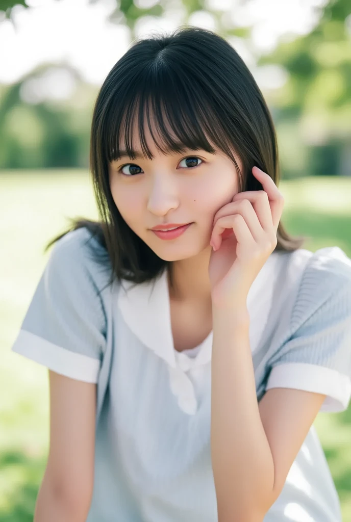 A beautiful woman like Haruka Fukuhara。Medium-long black hair with bangs、With big eyes and a soft expression。She has fair skin and wears natural makeup.。Wearing a white blouse and jeans、Smiling in nature。in a realistic style。