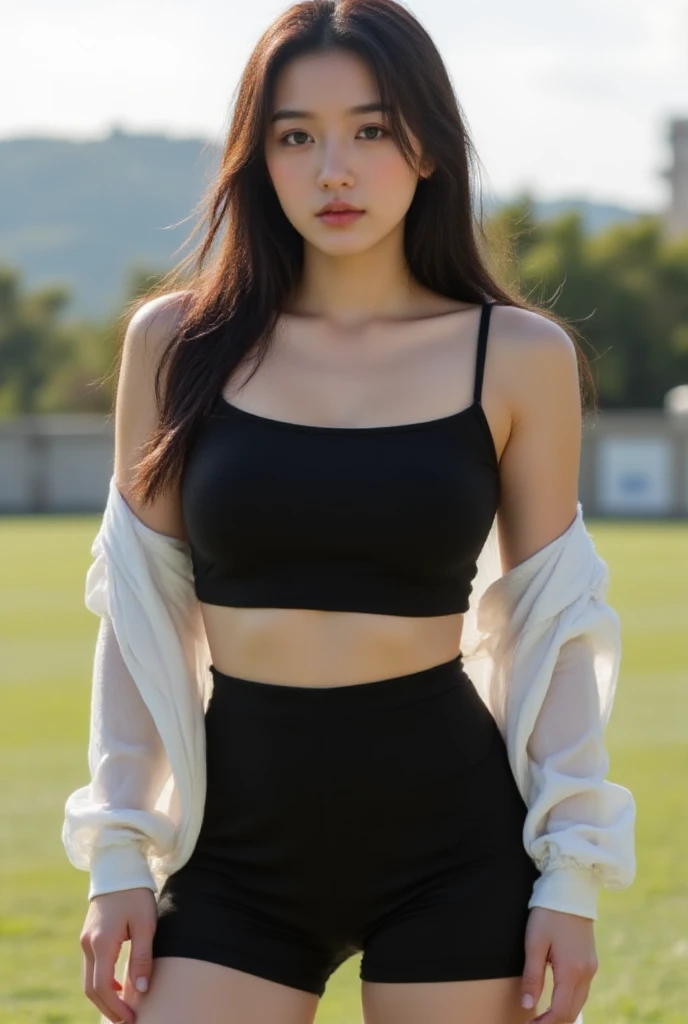 Obra maestra, La mejor calidad, ultrahigh resolution, Foto de alto detalle, Unidad 8K Fondo de pantalla, CG extremadamente detallado:1.2),(Foto RAW,:1.realistic photography:1.4), 1girll , joven, physically based representation, Lindo, (Cara finamente detallada:1.4, Ropa detallada), (Detallado:1.4) Cara hermosa, Profundidad de campo, Agregar capa, hiperrealista, 27 years old, Modelo de cuerpo perfecto, senos perfectos, 175cm de altura, pose sexy, cuerpo completo, Tipo de cuerpo del modelo, black crop top, black legging, Cabello largo, Eimi Fukada, doble parpado,