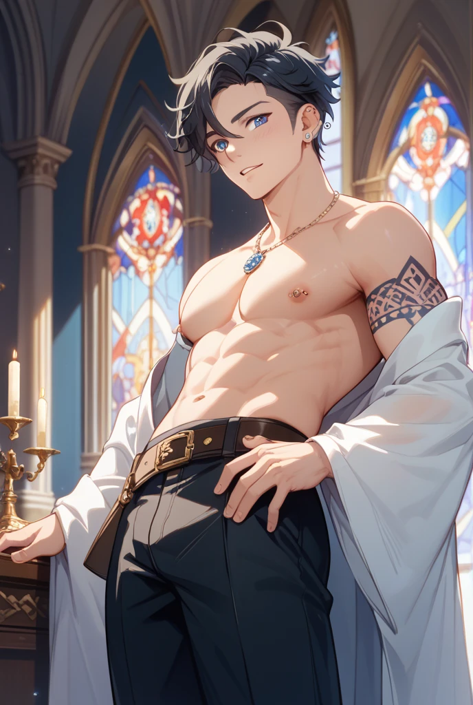 absurdres, highres, ultra detailed, HDR, master piece, best quality, Wriothesley, black hair, expressive blue eyes, Genshin Impact, solo, sexy man, handsome, horny, lewd, black priest robes, accessories, showing the chest, cross necklace, priest, white gloves, fantasy, magical, white roses, white petals, blue sky, church, Nu Carnival 