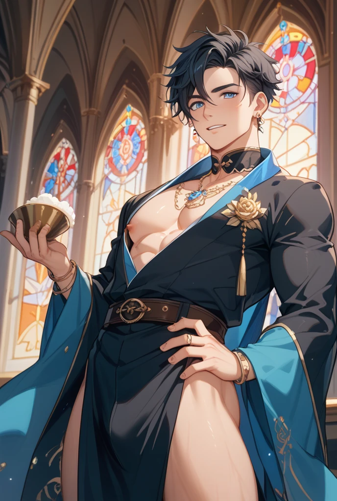 absurdres, highres, ultra detailed, HDR, master piece, best quality, Eiden, expressive brown eyes, Nu Carnival, solo, y man, handsome, horewd, blpriest robes, access, showing the chest, cross necklace, priest, white gloves, fantasy, magical, white roses, white petals, blue sky, church