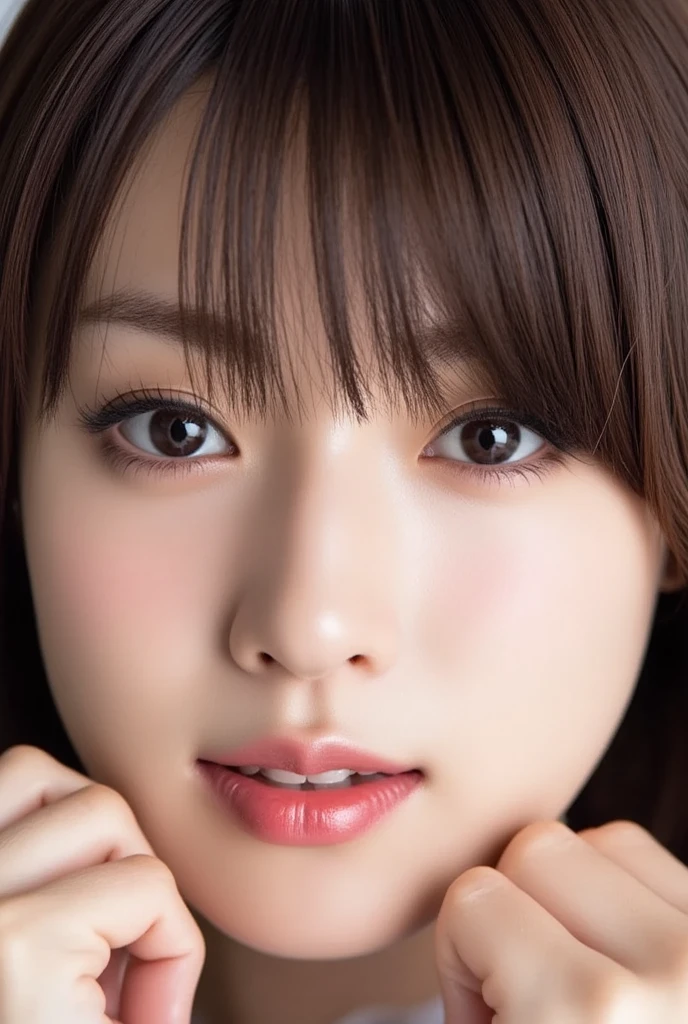 (((No blur、Focus on the eyes:1.1、Extremely detailed:1.22、Ultra-high resolution、masterpiece:1.45、Highest quality)))、顔のUltra-high resolutionクローズアップ、long, straight black hair、So that every single hair is clearly visible、The subtle color changes of hair depending on how the light hits it、 (((The skin is white and smooth、Skin has a natural glow、Fine skin texture、Representing the fine details of pores:1.22)))、Details of the light redness on the forehead and cheeks、Eyes with fine iris details、The eyes depict color gradations and patterns.、Long, natural-looking eyelashes, each and every one visible、Well-groomed eyebrows、眉毛のindivual々The hair is clearly visible、Light reflecting off into the eye、The light in the eyes creates small highlights、The nose is delicate、Fine detail on the nostrils、Lips are plump and naturally pink、Depicts the fine lines and soft curves of the lips、lips are shiny and、The gloss on your lips accentuates their shape.、(((Detailed depiction of lip texture、Particular attention to the depiction of light and shadow、Soft natural light gently illuminates the face from the front、A faint glow on the forehead、A slight shine on the nose、A slight glow on the cheeks、Shadows are cast softly along the contours of the face、Accentuate the sides of your cheekbones、Accentuate the sides of the jawline、Emphasize the sides of the nose、The gloss on her lips reflects the light faintly、Lips emphasize the plump texture、The shadow of the hair gives depth and dimension、indivual々The hair shines in the light、The background is simple and blurred.、Focus on the face