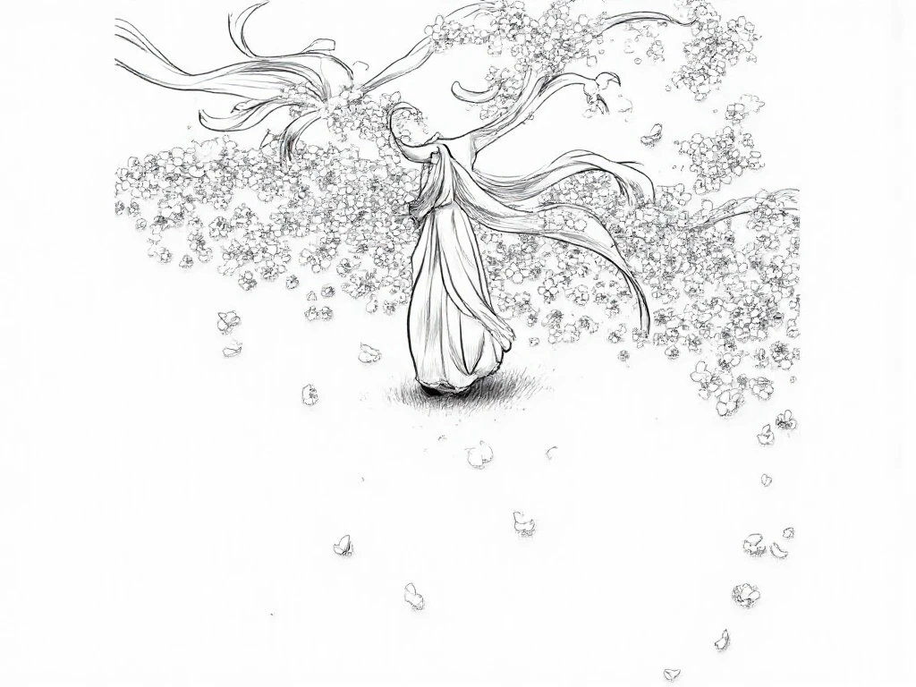 Naked, without clothes, white hair, white fox ears, a large fluffy white tail, a white open robe, white sneakers, a cherry tree in the back. Woman, solo