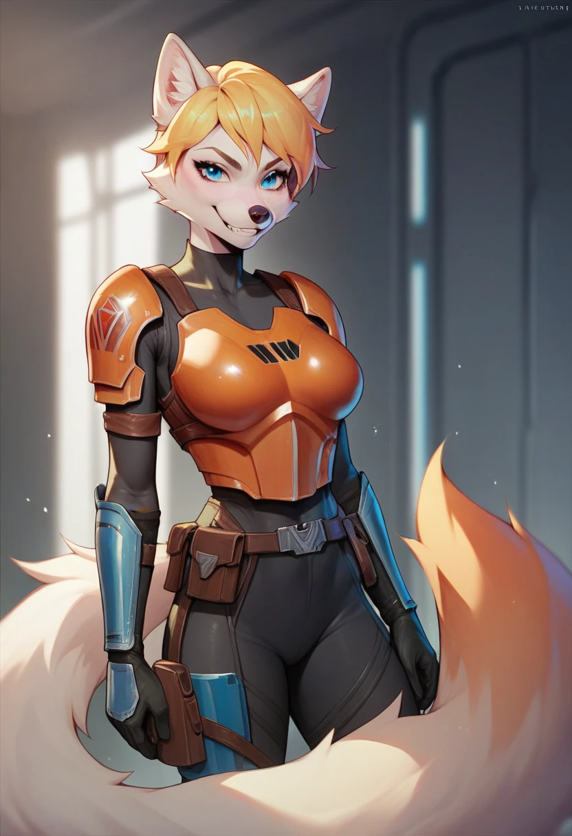 Dead Space, Dead Space RIG, Dead Space Engineers Armor, red and black armor colors, Dead Space Plasma Cutter, bunny fox hybrid, short, small breasts, girl, bunny ears, bunny tail, blue eyes, long beautiful soft pink hair with soft blue highlights in hair, soft brown fur body, fluffy, furry, beautiful, adorable, solo, 1girl, high-tech collar, high-tech armor, high-tech weapon,