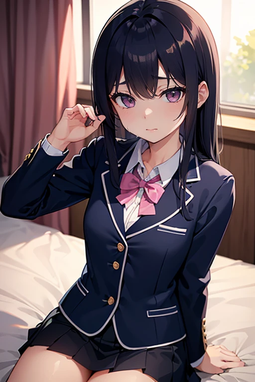 (masterpiece, best quality), 1 beautiful girl, cat ears, slim body, (school uniform:1.1), (detailed beautiful eyes), paw gloves, bedroom, indoors,Blunt Bangs, purple eyes, long dark blue hair