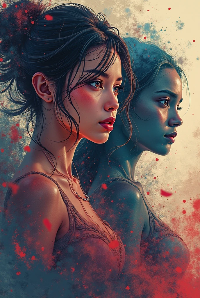 painting of a woman with a skull on her head and a woman with a bloody face, Colorful cinematography, Scary color graphics in 4 K, by Galen Dara, Portrait of Kim Petras, vibrant fan art, Anna Dittman, detailed 4k horror artwork, stunning art style, mud, resembling a mix of mud, looks like a mix of mud