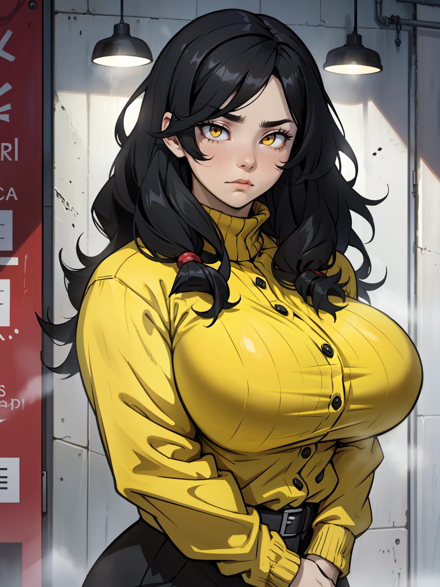 (ballgown) girl huge tits bodybuilder black hair yellow eyes pale skin muscular toned body thick thighs curvy angry wide hips wavy hair