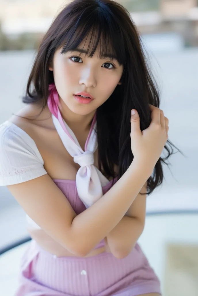 (dark photo、unity、8k wallpaper)、(very delicate and beautiful)、(masterpiece)、(highest quality:1.2)、(超A high resolution:1.3)、(beautiful realistic asian),beautiful lighting、perfect lightning、realistic shadow、fine skin、Super detailed、detailed face and eyes、realistic eyes、sharp pupils、Huge , inside the classroom、School、sunset、beautiful face、blurred background、(japanese woman)、shiny skin、side up、美しいblack hair、dull bangs、Japan High School Sailor Uniform、pleated mini skirt、gentle smile, ((table top, highest quality)), (shiny skin), cinematic lighting, Physically based rendering, award-winning, highly detailed skin, highly detailed face, Beautiful eyes in every detail, Carl Zeiss 85mm F/1.4, (Standing position), (cumin , on the chest and thighs), she'she'To a very cute 16 year old , (black hair, straight long hair, open your eyes, blush), big cleavage, (sailor blouse, Pull up the pleated skirt yourself:1.3), watching from a distance, (navy knee socks, thigh focus),art by、