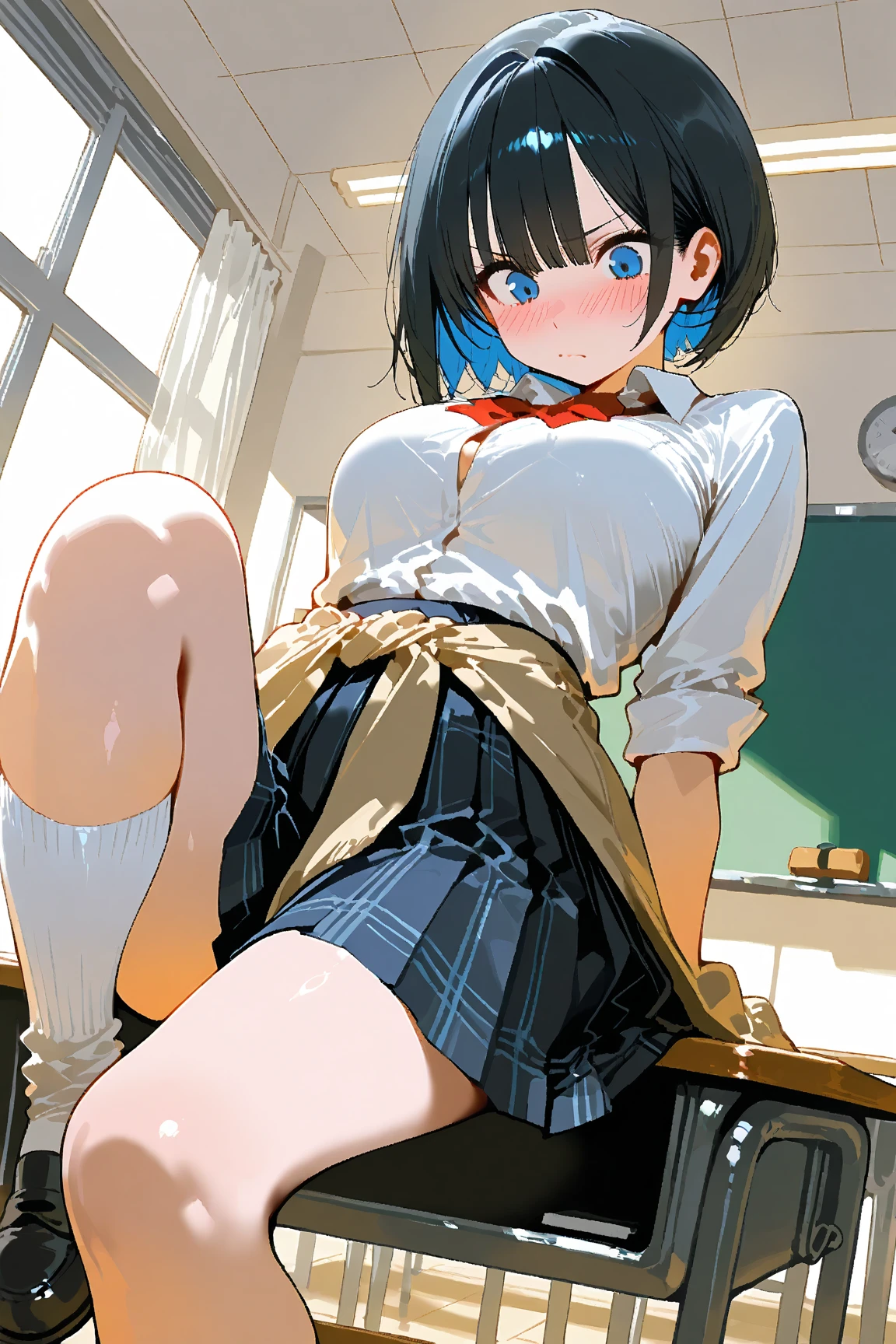 score_9, score_8_superior, score_7_superior, score_6_superior, score_5_superior, score_4_superior, masterpiece, Highest quality, One girl, alone, blue eyes, dress, ribbon, hair ribbon, Black Hair, blush, , red ribbon, Simple Background, View your viewers, black dress, white Sailor collar,, Sailor collar, Short sleeve, White Background, school bag, bag, bangs, School Briefcase, short hair, pinafore dress, sailor dress、Wear a vibrator、Not wearing pants