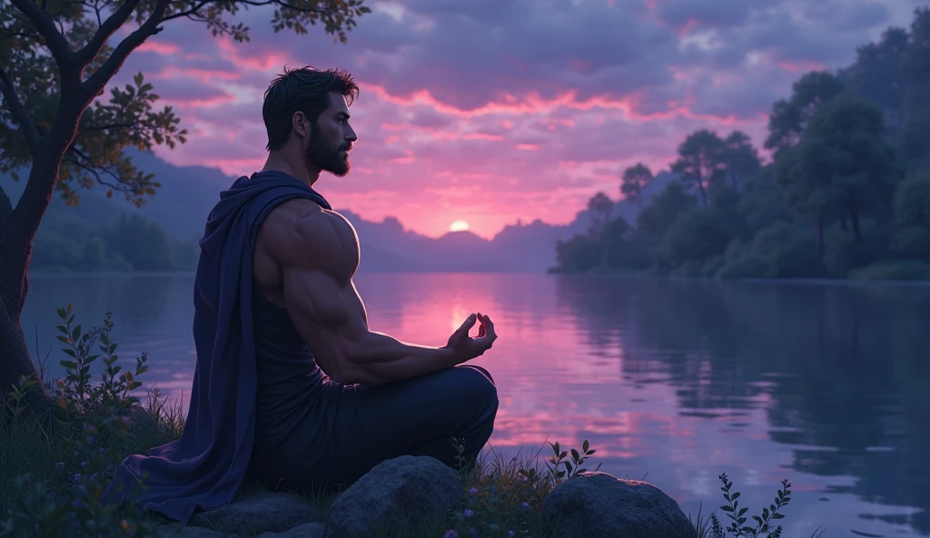 arafed man sitting on a rock in a park with a city skyline in the background, pose stoïque, a cyborg meditate, posture de méditation, Goku dans la vraie vie, faire une pose majestueuse et chaude, padmasana, meditate pose, stoïque et calme, meditate, portrait, faire une pose majestueuse, figure meditate close shot, yoga posture de méditation