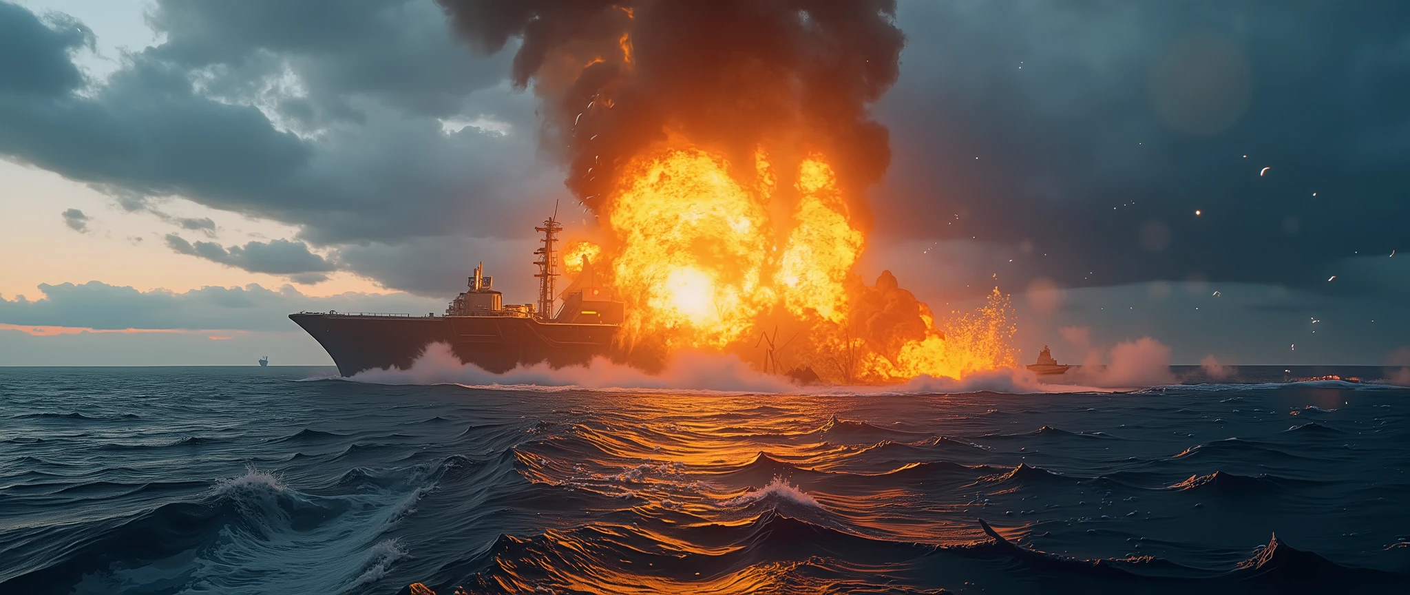Pieces of a destroyed aircraft carrier floating in the sea. Dramatic scene in the middle of the ocean, under a sky partially obscured by dark clouds. In the center of the image, a huge explosion erupts from the water, creating a mushroom-shaped column of fire and smoke—similar to a nuclear detonation. The base of the explosion reveals a huge hole in the sea, as if the water had been violently pushed apart by the force of the detonation. Giant waves form around the crater, radiating in concentric circles. The intense light from the explosion illuminates the low-lying clouds, tinting the sky with orange, red, and yellow hues. Fragments of metal and steam are thrown high into the air, while the horizon in the background appears distant and silent in contrast to the fury of the central scene.. Complex clothing textures, warm lighting, cinematic and photorealistic composition, vibrant colors, depth of field (best quality, 8K, high resolution, masterpiece: 1.2), ultra detailed (realistic, photorealistic, photorealistic: 1.37), cinematic lighting, dramatic shadows, war scene.