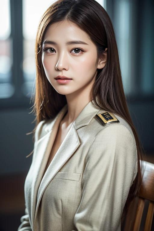 (Top resolution、distinct_image) best qualtiy、femele、​masterpiece、beutiful breast、逼真、a picture、Black long hair、A dark-haired、bangss、21 years old、mature、年轻、Black clothe、Black Uniform、military outfits、Military Academy、Beautiful fece、Heroic、Heroic、Background inside the house、Open chest of outerwear 1:5、Beautiful cleavage 1:3