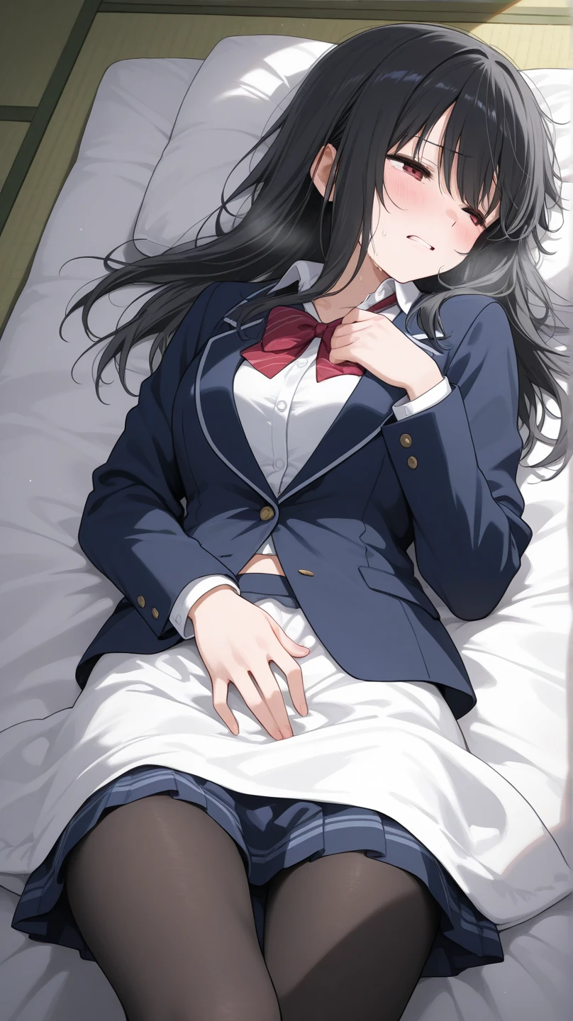 `score_9, score_8_up, score_7_up, score_6_up, score_5_up, score_4_up, source_anime, BREAK, 1girl solo, kanamori, eyewear on head, freckles, serafuku, blazer, pleated skirt, blue skirt, long skirt, fingering self, vaginal fingering, heavy breathing, blush