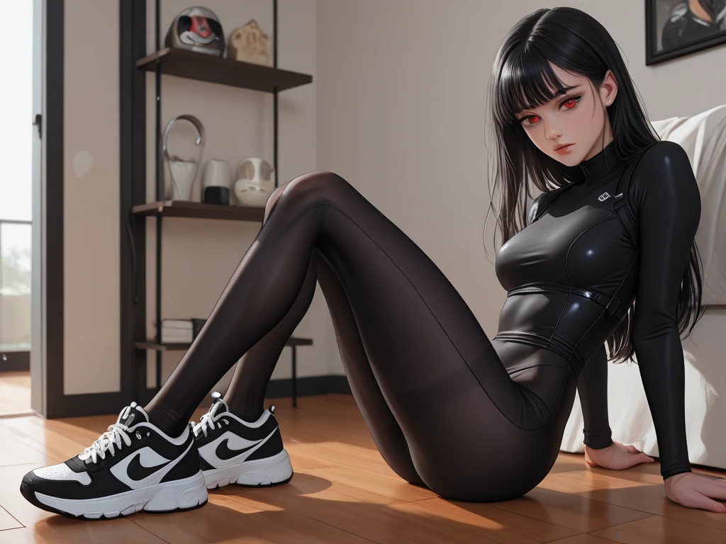 1 girl, sitting, sexy seductive pose, (single, full-body, young, big breasts: 1.2), detailed face, shiny skin, skinny, long legs, intricate details, sportswear and tight sweatpants, clothes and pants with elastic breathable material, perfectly fit the figure, look at the audience.