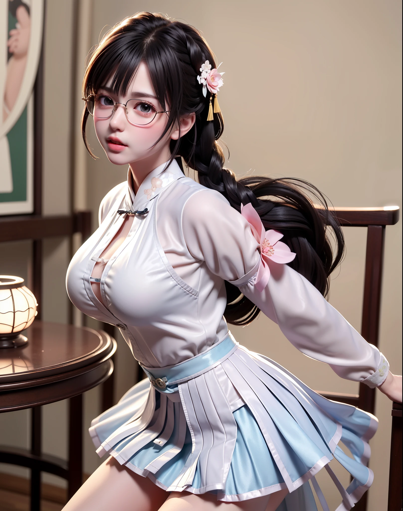 Wide-angle shooting, beautiful girl, black hair in a ponytail, smooth, hair accessories, wear glasses, bright smile, small breasts, Thin waist, (Wear Hanfu ((see through)) with many layers of intricate details (Light yellow)) , Clothes flutter in the wind., seductive dance, The background is an island with only peach trees in bloom., Many peach blossom petals flutter., morning light, anime, High quality