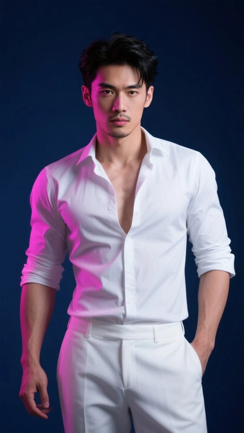 Imagine the portrait of a 30-year-old French man, raw, ((Detailed face:1.2)), ((defined jawline, serious expression:1.3)), short light brown hair, brown eyes, ((Realistic skin:1.3)), no beard or mustache. The image is taken in a studio setting, ((Background without humans:1.25)), ((mid-tone lighting:1.2)), creating an atmospheric, sober ambiance. The man's attire is simple and elegant, ((formal wear:1.2)), adding to his refined appearance. The image is photographed with a Canon EOS R5, 50mm lens, F