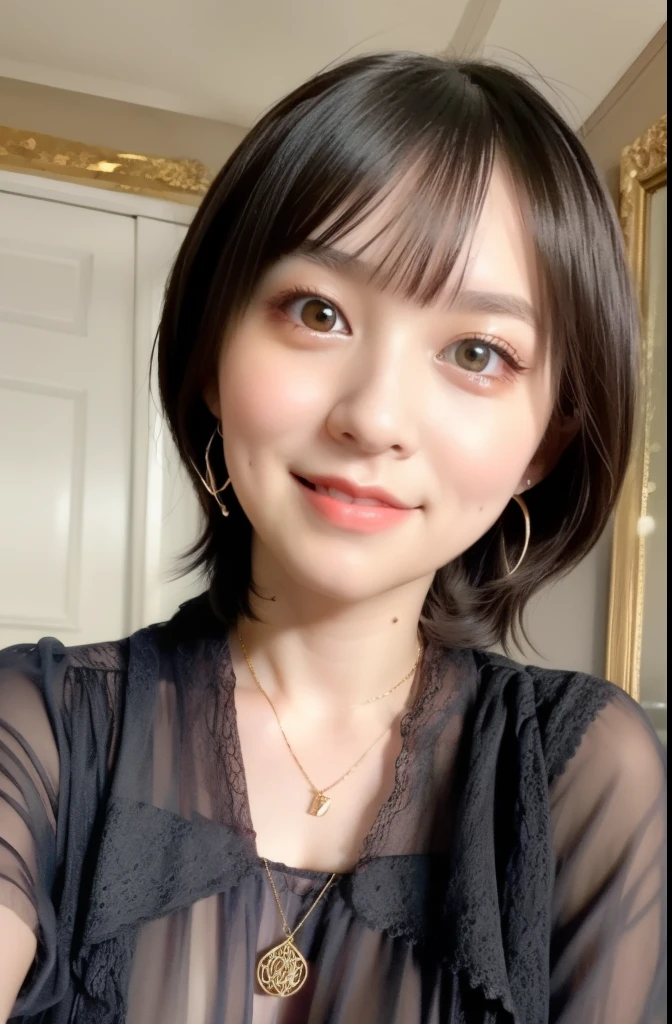 Neat and young woman、 long sleeve blouse、necklace、looking at camera、ear piercing、 pale brown hair、dark eyeshadow、upper body、Background is in a room、