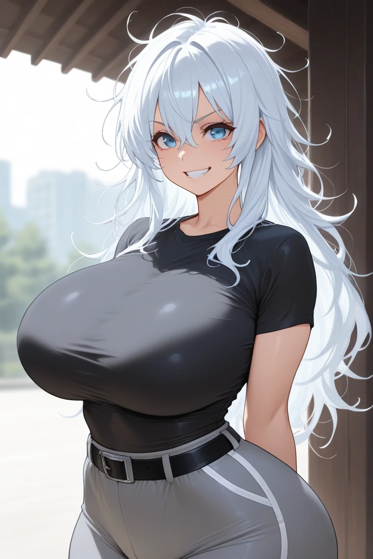 ratatatat74,One Woman, alone,Glowing Skin,Light blue eyes,Huge breasts,Thick legs,Are standing,Bust Shot,smile,Gray Hair,straggling hair,Low Ponytail,Black Business Shirt,White pants