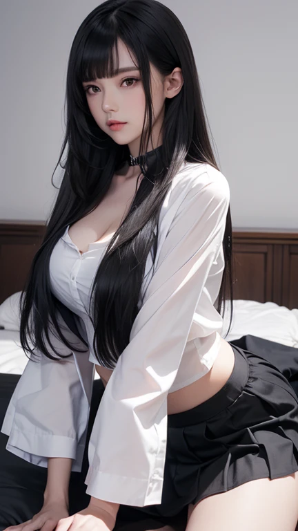 （Enrich the picture，Masterpiece level quality）Beautiful 8K CG artwork，Goddess-like posture，Kneeling exercise，Slim and soft，Translucent skin，Black hair、The beauty of extra-long hair, Super Long Straight Hair，The skin is fair and juicy，Big JK Uniform，Perspective Part 1.2x enhanced silhouette effect，Exquisite transparent blues pattern in pajamas，The details are intricate and exquisite，The background is slightly blurred，Charming and lustful leg seduction，Drool，Oversized H-cups，Blush，