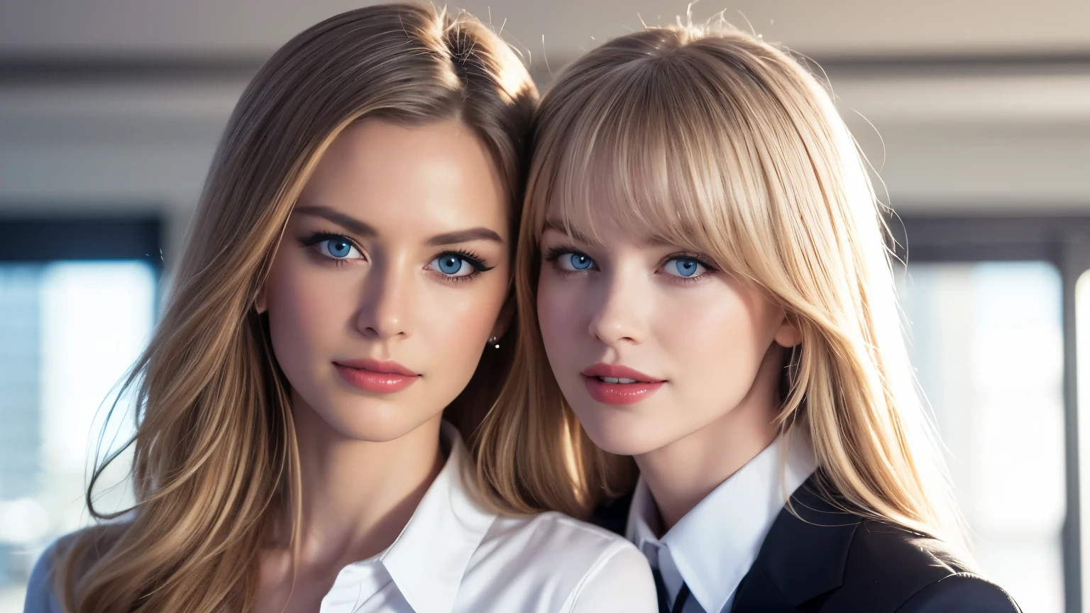Upper body shot of an 18-year-old beautiful white twin model with impressive blue eyes standing apart against the large exhibition hall on the top floor of a gorgeous skyscraper,, a wide hallway that stretches straight out,Upper body shot of an 18-year-old young beautiful white twin model with impressive blue eyes and platinum blond hair standing apart,so that the face fits in the frame,so that the head fits in the frame,So that the hair fits in the frame,upper body shot of two beautiful white models standing apart with platinum blond hair and impressive blue eyes,Operating a keyboard, business style (long-sleeved high neck shirt and blazer),small breasts,The collar closes to the neck,gentle smile,(Open your eyes wide and smile ),(lip gloss, long eyelashes, Shiny surface, about),real skin,high quality,8K resolution,Detailed reproduction of an ultra-fine, realistic,HDR,delicate texture,professional retouching,celebration, 😊😳😊,rule of thirds