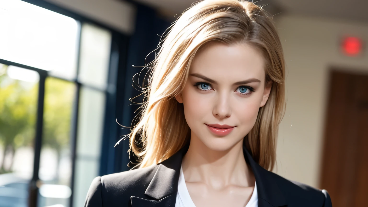 Upper body shot of an 18-year-old beautiful white twin model with impressive blue eyes standing apart against the large exhibition hall on the top floor of a gorgeous skyscraper,, a wide hallway that stretches straight out,Upper body shot of an 18-year-old beautiful white twin model with impressive blue eyes and platinum blond hair walking apart,so that the face fits in the frame,so that the head fits in the frame,So that the hair fits in the frame,upper body shot of two beautiful white models standing apart with platinum blond hair and impressive blue eyes,Operating a keyboard, business style (long-sleeved high neck shirt and blazer),small breasts,The collar closes to the neck,gentle smile,(Open your eyes wide and smile ),(lip gloss, long eyelashes, Shiny surface, about),real skin,high quality,8K resolution,Detailed reproduction of an ultra-fine, realistic,HDR,delicate texture,professional retouching,celebration, 😊😳😊,rule of thirds