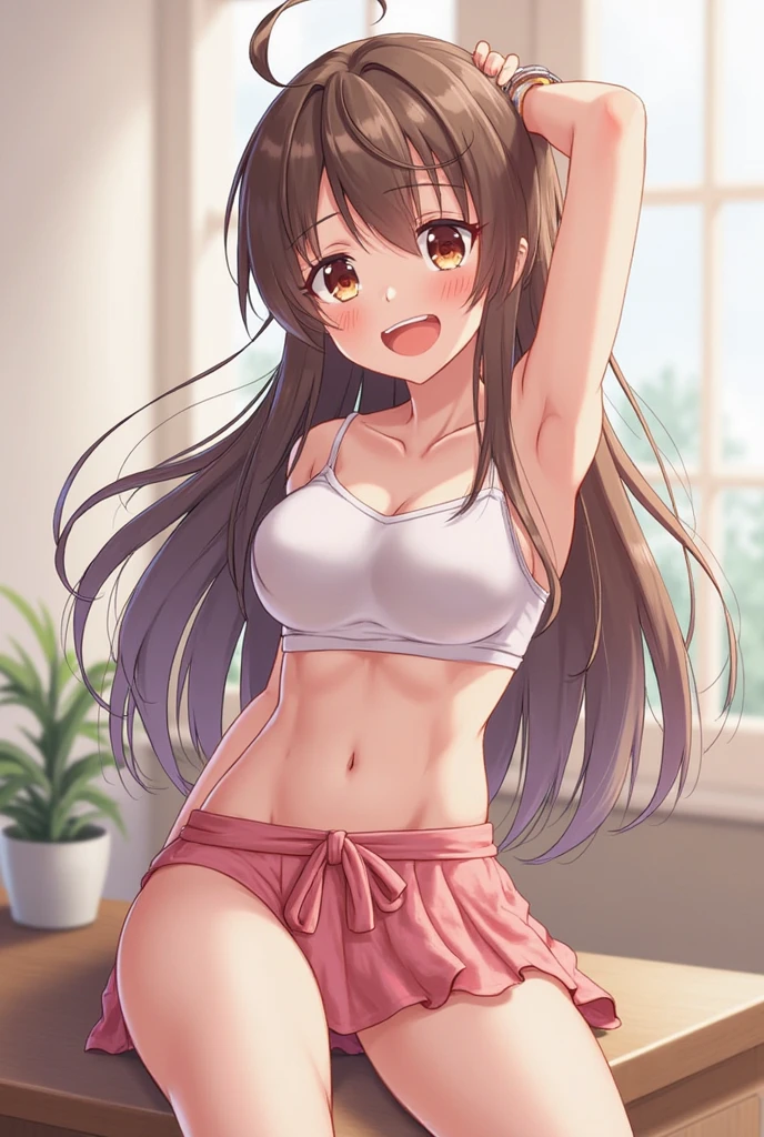 masterpiece, best quality, kunikida hanamaru, blushing , smile , white tank top,(abs:0.9),navel, brown yoga pants, sweating