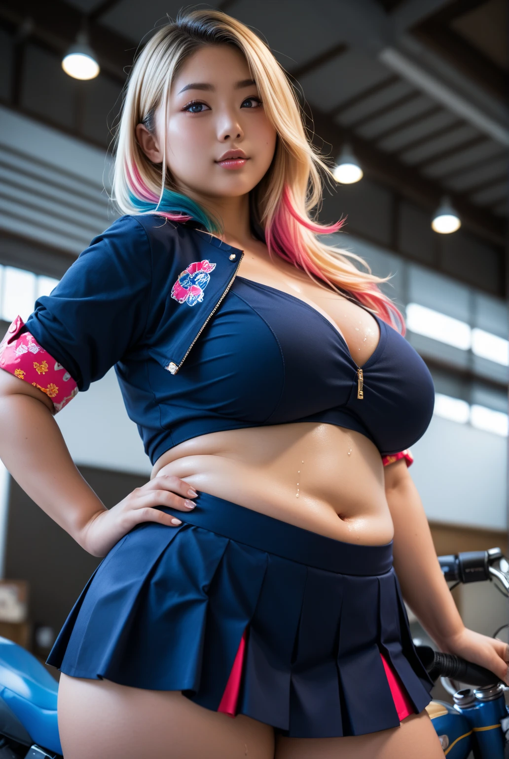 8k, best quality, masterpiece:1.2), (realistic, photo-realistic:1.37), ultra-detailed, Japanese Young woman with perfect athletic yet curvy body with big asses and natural breasts (gigantic breasts)+++ and (colorful hair)+++ (in short Jpop outfit)+++ (open shirt buttons)+++ (Breast about To burst out from her clothes)+++ (japan flag on shirt)+++ (mini shorts pants), full body,