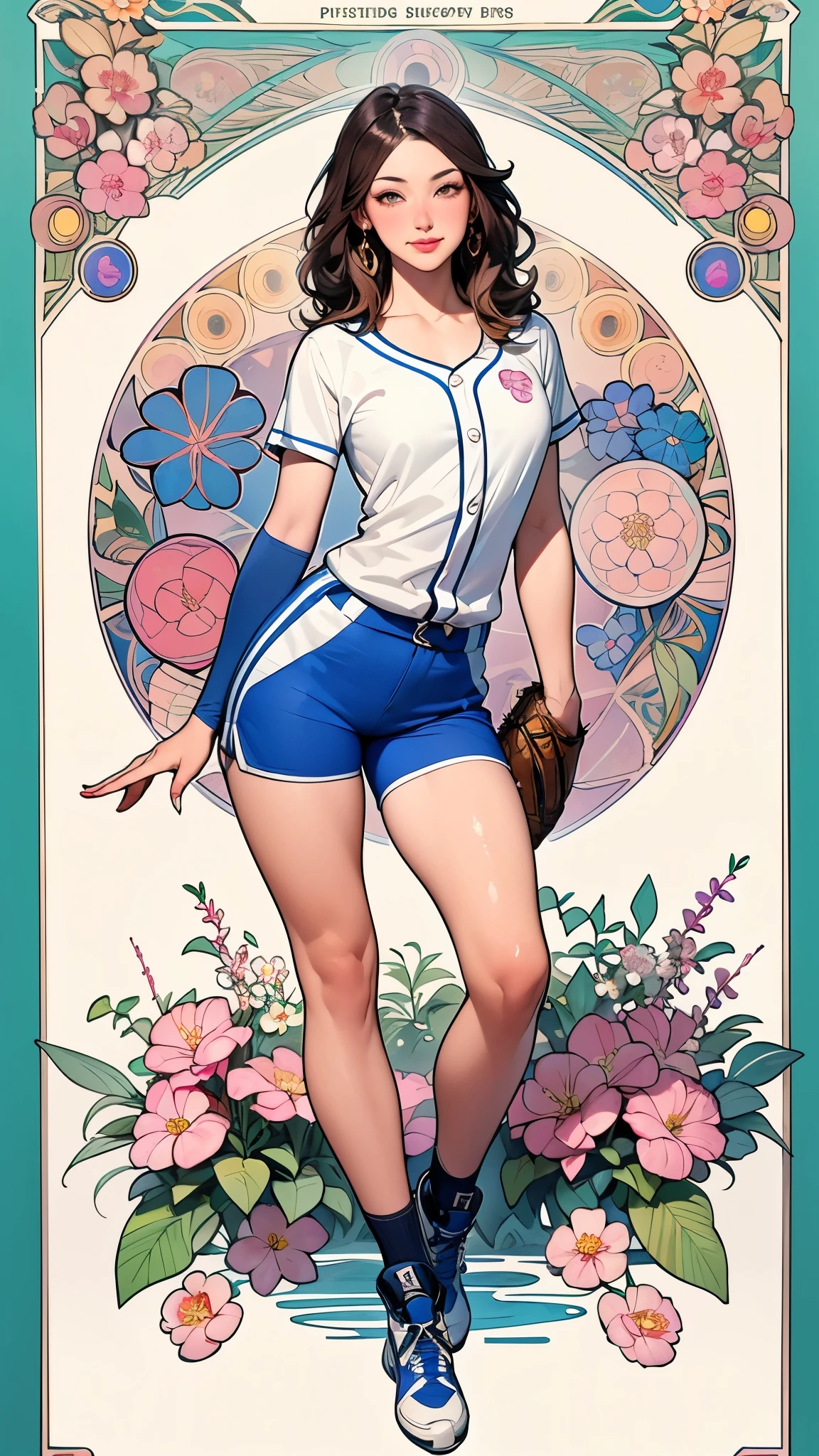 posters,(by mucha:1.2),((Art Deco,Botanical Art, Flower Art)),( floral :1.2), (Masterpiece, highest quality),( vibrant colors, colorful),(Amazing Details, detailed biography), anatomically accurate, Accurate drawings, detailed map, ready to Pitch pose hip swing,
(Baseballユニホーム), cute face、cute Outfits 、gorgeous face、short and disheveled hair, classic, pitching pose 、 baseball gloves、 shorts、Baseball, style of smeglejj