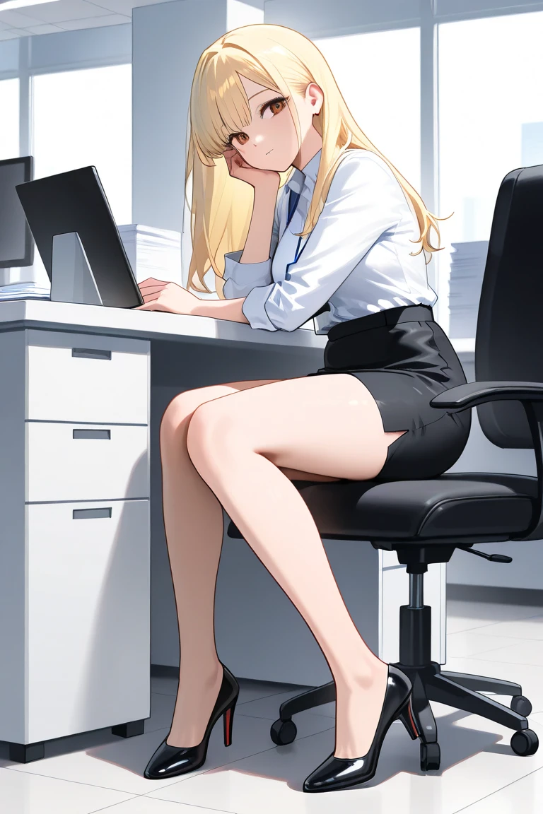 1girl in, 独奏, ((white shirt)), black thighhighs, breastsout, cleavage of the breast, 校服, office backdrop, a black skirt, pleatedskirt, s Office, hair between eye, Blue eyes, flower pupils, Medium chest, length hair, Look at viewers, a blond, Pink short nails, 独奏, thighs thighs thighs thighs, thighs thighs thighs thighs, Very long hair, ((masterpiece)), sitting on, a chair, desk work, Computer on desk, nametag, ID Tags, in a house, red blush, sexy pose