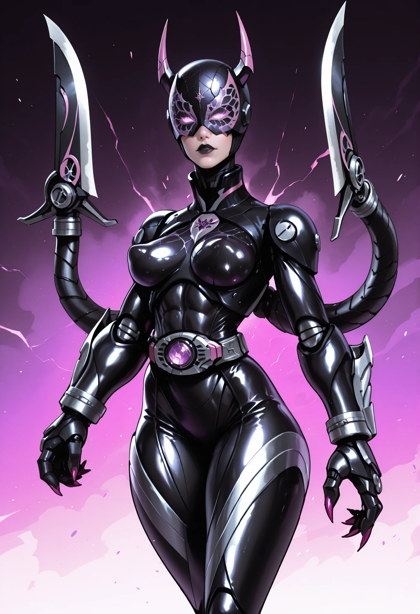 Robotic girl. Kamen Rider design lines. Biological machine. Graphite and purple image colors. Latex and metallic texture. Full face helmets. Hide eyes. Blindfold. Cracked pattern helmets. Stud costumes. Spiky. Devil horns. Twisted corners. Black lips. Perky breasts. Abs. Curvy waist. Thighs. Pink sharp claws. Bladed gauntlet. Multiple blades. Mechanical tentacle arms. Large arms. Asymmetric arms.