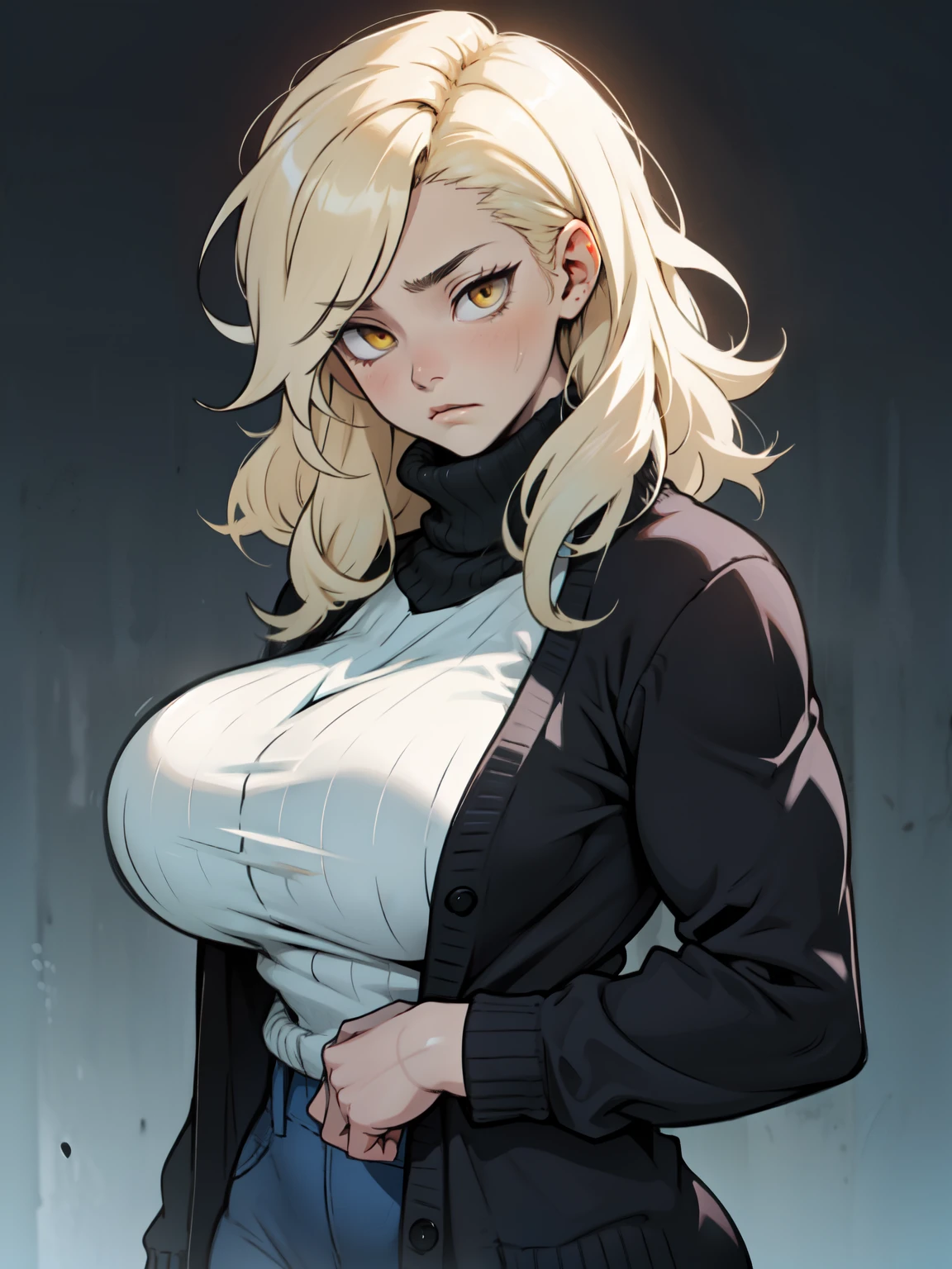 (masterpiece, best quality:1.2), cervina, 1girl, breasts, hoop earrings, solo, meme attire, jewelry, dark-skinned female, dark skin, open-chest sweater, sweater, earrings, long hair, bracelet, cleavage, cleavage cutout, yellow eyes, clothing cutout, large breasts, white background, looking at viewer, simple background, turtleneck, upper body, ribbed sweater, blonde hair