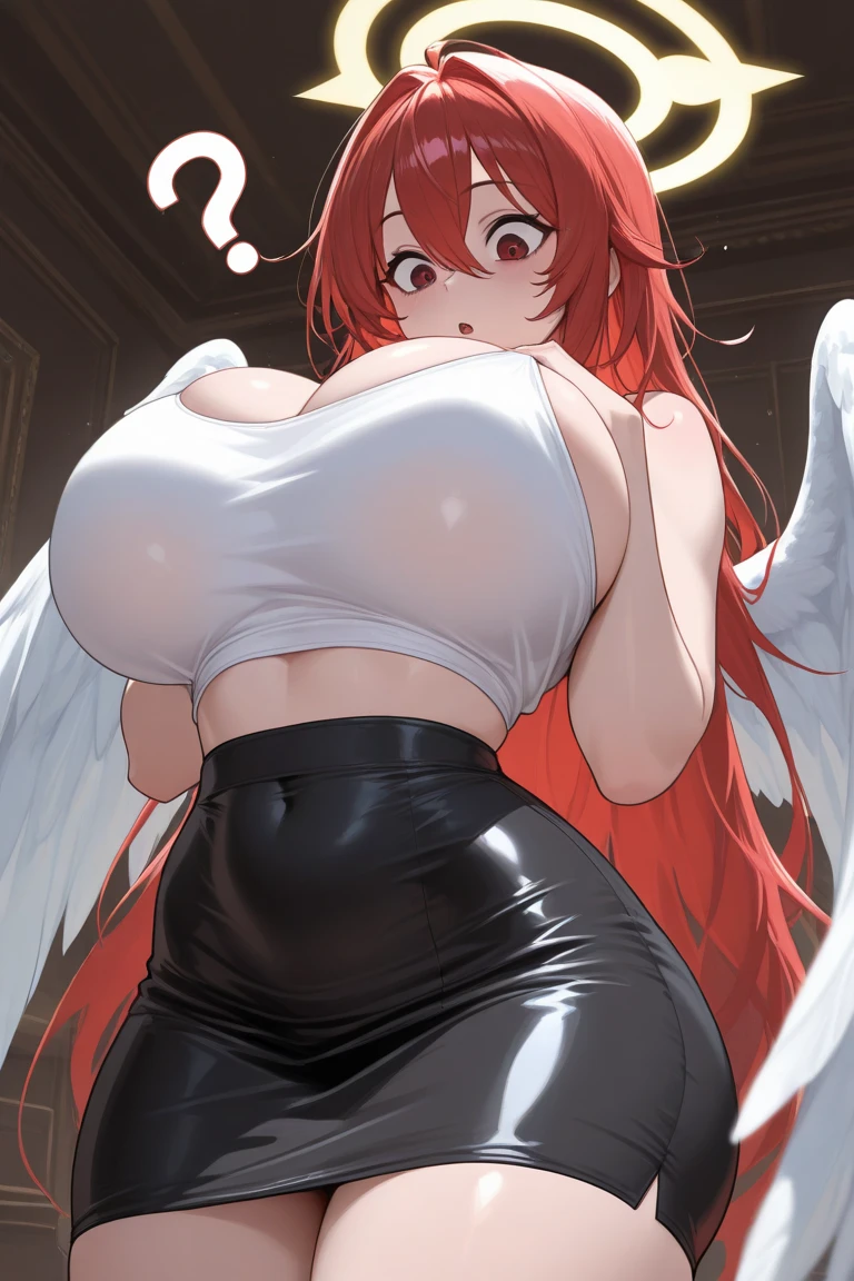 (Masterpiece, Best Quality, High Quality), from below volumetric lighting, illustration, beautiful, tight , Blushing, looking at viewer,solo, posing for picture, seductive, perfect lighting, perfect shadows, nishikino maki, purple eyes,red hair , short silver bodycon dress, central cleavage cutout, breasts apart, big breasts, bottomless, ,ass visible through thighs , big white wings made of feathers ,thicc pussy, (sweating:1.3), sexualised ,cleft of Venus ,wet pussy