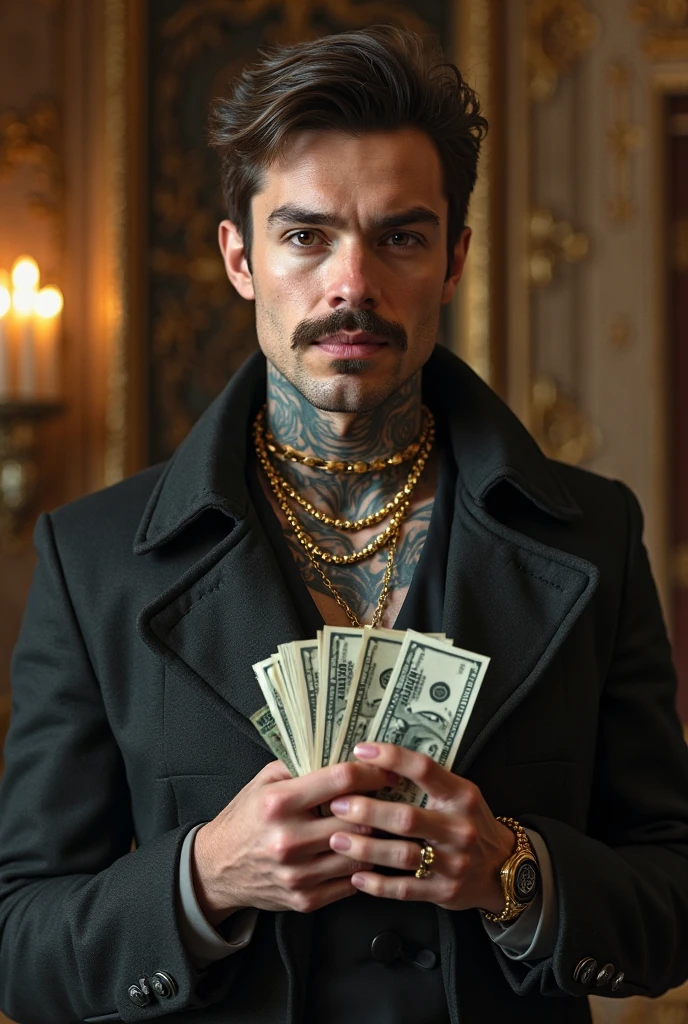 A man with a blocked haircut, a forehead up to the eyebrows, black hair, wearing money in the ears, a black cross on the left side, and a silver cross on the right side.