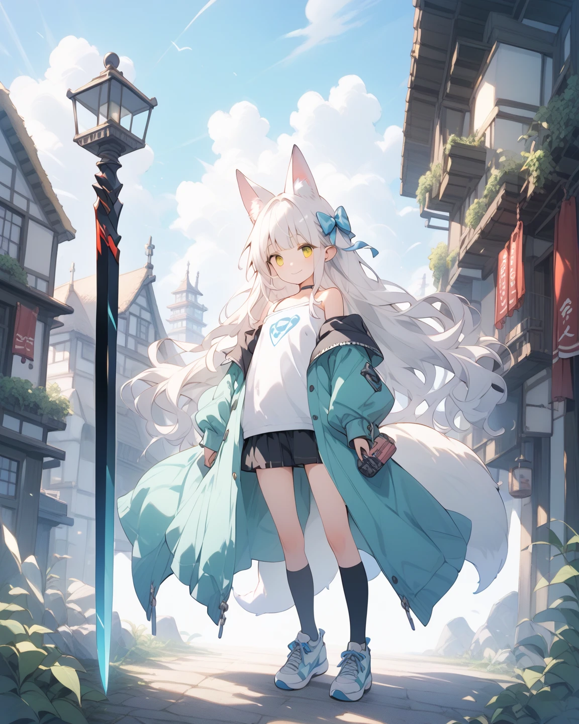 blush, outdoor, daytime, simple background, blue sky, rippled hair, sky, looking at the audience, loli, very cute expression, small short legs, avatar, panties, white tights