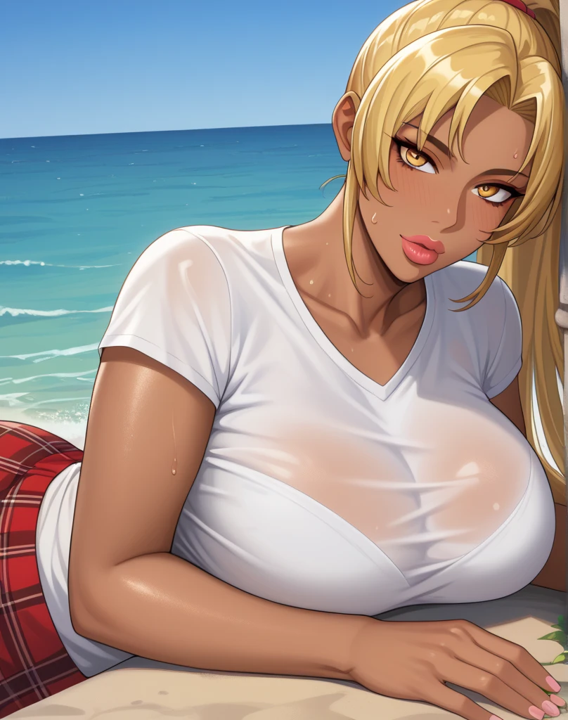 ((((Master peace、Highest Quality、Brown skin color、blond hair、tee shirt、jeans))))、a ponytail、Long body、long legs、blond hair、Big big tits、Face Focus、Sweat、(((Lustrous skin)))、((((Split abs、Perfect Body、big chest、fleshy body)))))、(((Very marked camel toe)))、(((pool、M-shaped legs)))、(((a muscular))).,((((darkskin)))),((tannedskin)),Large breasts, suntan、(((Shyness)))、(((((Sheer clothes)))))、long dress、Realistic skin type、an anime girl、Detailed Digital Anime Art、Seductive anime girl、Highly detailed art germ、a hyperrealistic schoolgirl、Ilyakukvshinov。Silver Hair、Smooth Anime CG Art、Ultra Realistic Woman、ig model |artgerm、Photorealistic anime girl rendering、digital anime art
