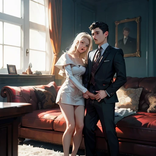 (1 white woman)、(1 white male:1.4)、(super beautiful)、(beautiful face:1.5)、(blonde:1.3)、(detailed face:1.4)、(The bridegroom spreads the bride's legs:1.4)、(I can see white pants)、(The groom touches the bride's crotch)、(Bride sitting on a chair at the reception)、(She is wearing a prom dress with a miniskirt)、(The bridegroom in a white suit:1.1)、(barefoot)、(At SFW)