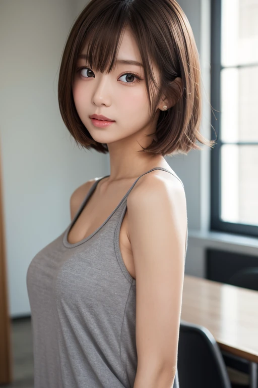 Close-up portrait of a beautiful Japanese girl。She has short, silvery bob hair.、Her hair is messy and falling over her face.。The large eyes are purple、Her gentle smile is impressive。Her cheeks were slightly red、Have a healthy and lively appearance。The girl is wearing a white tank top.、The tank top is wet and sticking to your skin.。She is wearing the shorts from the set and they are wet too.、There's water on my shoulder、It creates an atmosphere as if you are in the rain.。The background is bathed in soft white light.、The light reflects off her hair and skin.。as a whole、The extremely realistic and refreshing depiction is characteristic.。