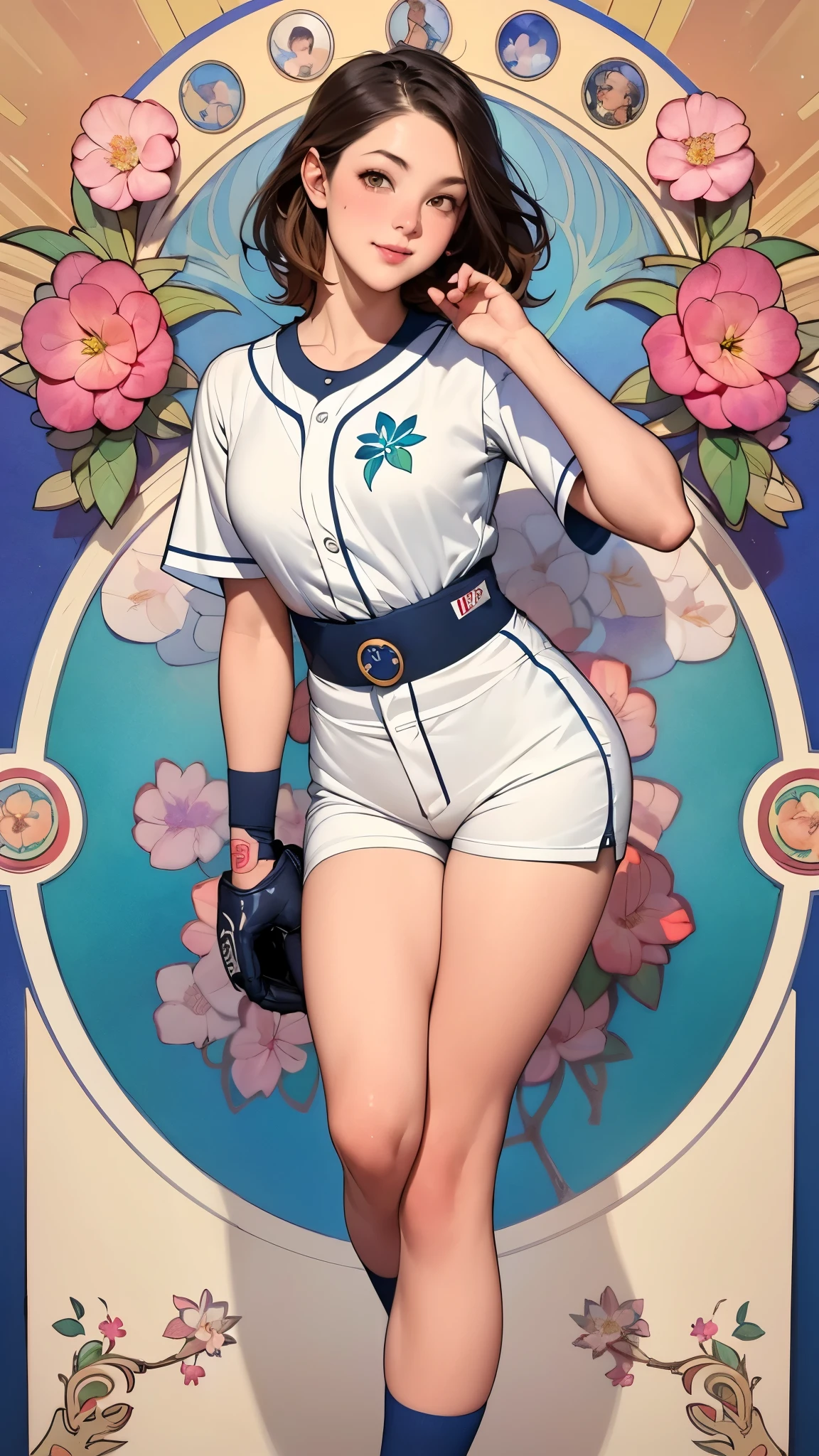 posters,(by mucha:1.2),((Art Deco,Botanical Art, Flower Art)),( floral :1.2), (Masterpiece, highest quality),( vibrant colors, colorful),(Amazing Details, detailed biography), anatomically accurate, Accurate drawings, detailed map, ready to Pitch pose hip swing,
(Baseballユニホーム), cute face、cute Outfits 、gorgeous face、short and disheveled hair, classic, pitching pose 、 baseball gloves、 shorts、Baseball, style of smeglejj
